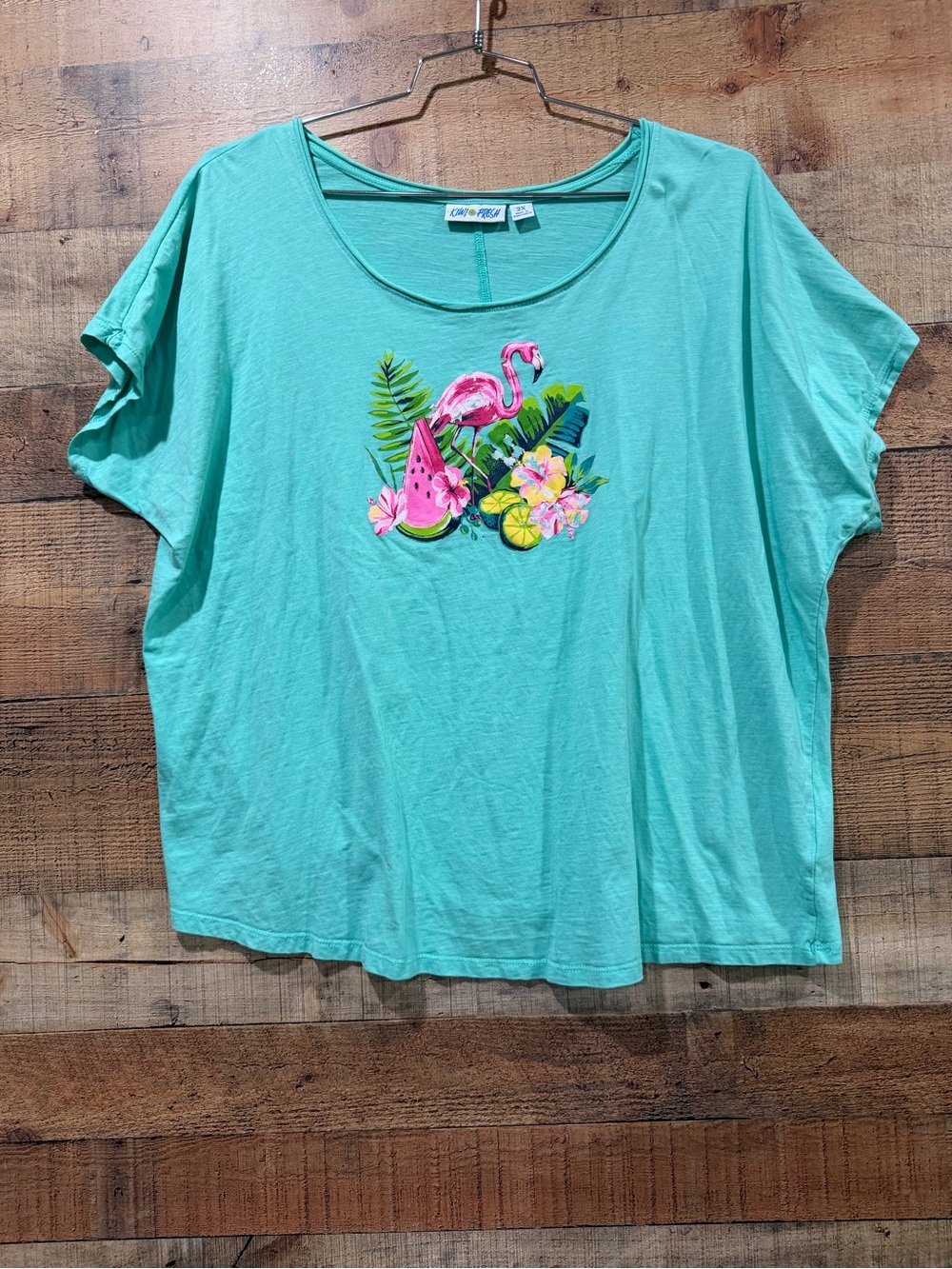 Aqua Flamingo Graphic Short Sleeve Cropped Cotton Tee by Kiwi Fresh Size 2X
